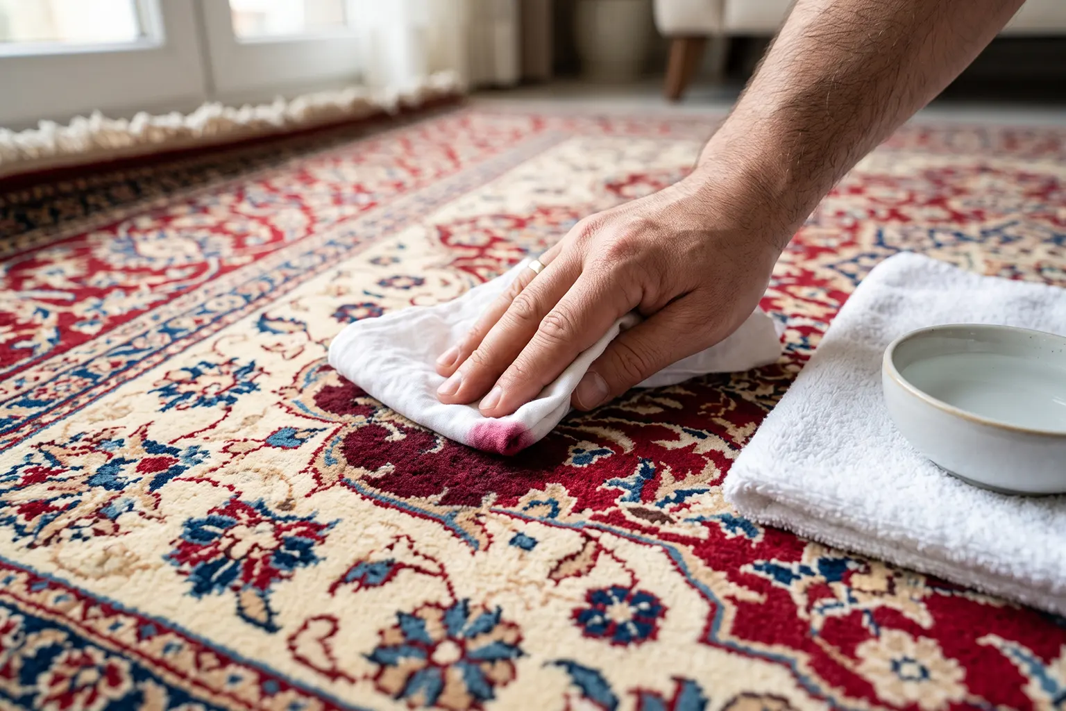 تست انتقال رنگ فرش ماشینی با پارچه سفید مرطوب